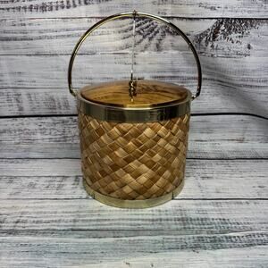 Ice Bucket Brass & Woven Wicker Rattan Mid Century Modern